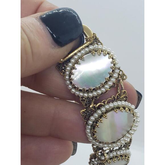 Vintage Filigree Bracelet Mother of Pearl MOP & Faux Pearl Accent Ornate - Picture 3 of 13